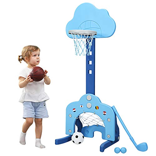 HOMASIS 3 in 1 Kinder Basketballkorb Set, multifunktional Basketballständer mit Fußballtor & Golf im Wolkenform, höhenverstellbar 77-116 cm Basketballkorb mit Ständer inkl. Bälle & Golfschläger (Blau)
