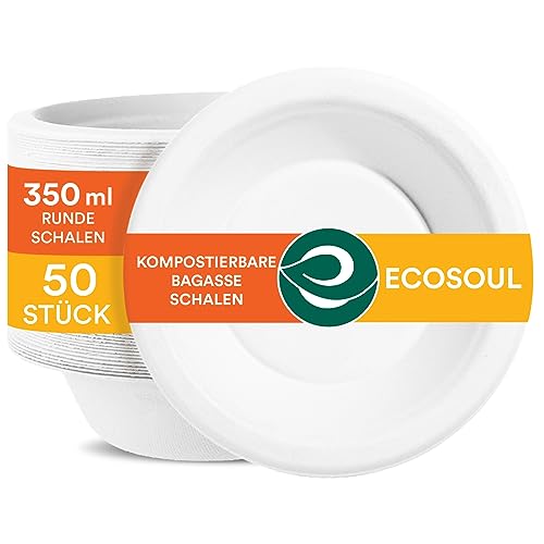 ECO SOUL Pearl White 100% Kompostierbare 350ml Bagasse Papierschüsseln (50 Stück), Biologisch abbaubares, Robustes und Umweltfreundliches Einweggeschirr, Suppenschalen Einweg