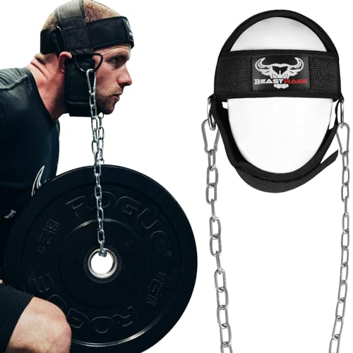 BEAST RAGE Kopfgeschirr, Halstauchen, strapazierfähig, lange Stahlkette, verstellbar, Fitness-Halsgeschirr, Gewichtheben Neopren gepolsterter Widerstandstraining Muskelkraft Erholungsgürtel Herren