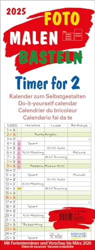 Foto-Malen-Basteln Timer for 2 2025: Familienplaner mit 3 Spalten als Bastelkalender zum Selbstgestalten. Familienkalender mit festem Bastelpapier. 19 x 50 cm