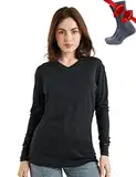 Merino.tech Merino Shirt Damen Langarm - Premium 100% Merino Unterwäsche Damen Leichte V-Ausschnitt + Wollsocken (Large, 165 V-Neck Charcoal)