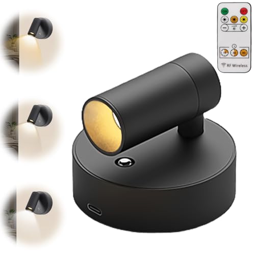 LED Spots Akku mit Fernbedienung, Wandleuchte USB Aufladbar 3 Farbtemperaturen Dimmbar Wandlampe Kabellos Bilderleuchten mit Timing Funktion Spotlight für Kunst Pflanzen Spotlight Portraits (Schwarz)