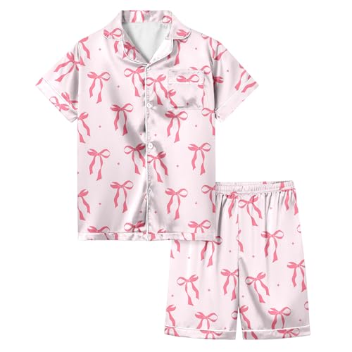 Generisch 2025 Mädchen Pyjama Set mit Schleife und Aufdruck, kurzärmlig, Oberteil mit Knopfleiste, Shorts Langarmshirt (12-13 Years)
