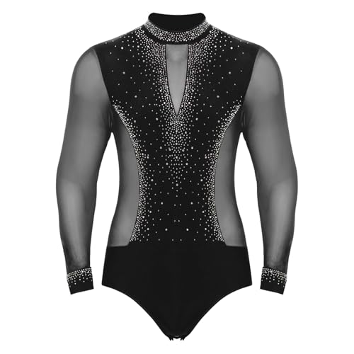 dPois Herren Latein Tanz Oberteil Tanzhemd Langarm Bodysuit Hemdbody Glitzer Jazz Tango Salsa Ballsaal Outfits Tanzkostüm Schwarz S