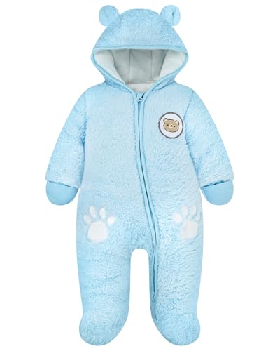WYTbaby Schneeanzug Baby Winter Overall Warm Fleece Strampler Bären Kapuze Für Jungen Mädchen 0-3 Monate,Blau
