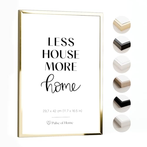 PULSE of HOME Bilderrahmen Alu DIN A3 (29.7x42 cm) in Gold - Dünner Rahmen Ideal für Fotos, Poster, Kinderzeichnungen & Kunst - Dekoration für Kinderzimmer & Wohnbereich