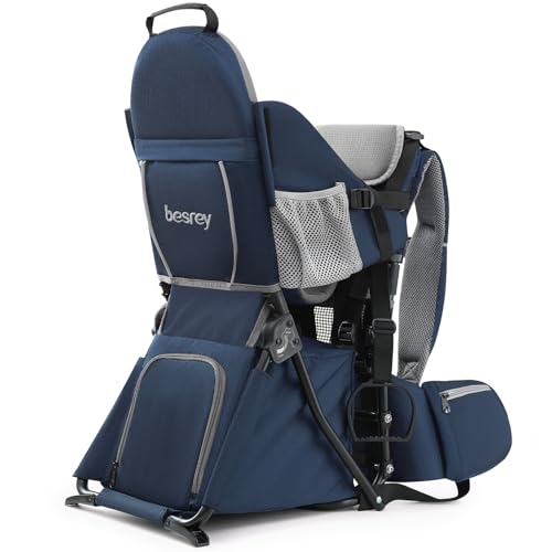 besrey Kraxe Kindertrage mit Aufbewahrungstasche, tragbare Kinderrückentrage für Reise, Kinderkraxe wandern für 6-36 Monate, Tragesitz bis 20 kg, zusammenklappbare (Upgrade Modell Blau)