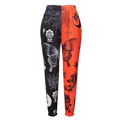 Nicoxijia Y2K Damen-Jogginghose mit Graffiti-Grafikdruck, elastische Taille, lässig, Farbblock, lockere Baggy-Jogginghose mit Taschen, C-Black Orange Butterfly, L
