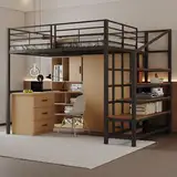 Lcoho Hochbett (140 x 200cm) Stabile Metallkonstruktion mit geräumigem Stauraum unter dem Bett und Treppe Ideal für Kinder und Erwachsene Stauraumbett für maximale Platzeffizienz (Black)