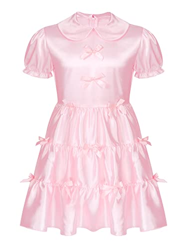 iEFiEL Herren Sissy Kleid mit Rüschen Männer Lolita Kostüm Satin Kleid Dessous Body Cosplay Sexy Nachtwäsche Tütü Röckchen Rosa A-Linie Kleid XL