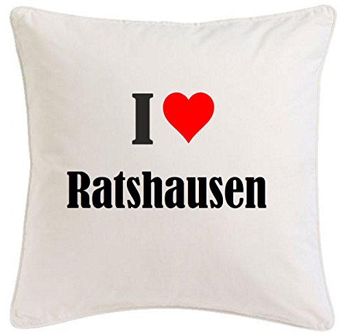 Kissenbezug I Love Ratshausen 40cmx40cm aus Mikrofaser geschmackvolle Dekoration für jedes Wohnzimmer oder Schlafzimmer in Weiß mit Reißverschluss