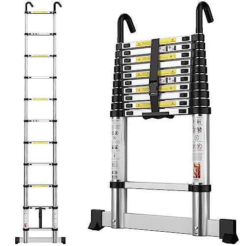 gymount Teleskopleiter 3,2 m, Leiter Ausziehbar mit Stabilisatorstange und Abnehmbaren Haken, Alu-Klappleiter, 150 kg Belastbarkeit