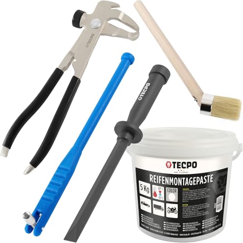 TECPO Reifenreparaturset 5-teilig, Auswuchtgewicht Zange, Reifenventilentferner Ventileinzieher, Klebegewicht Kunststoffschaber 19mm, Reifenmontagepaste 5kg weiß, Pinsel für Reifenmontagepaste