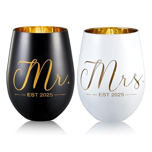 xilaxila Mr and Mrs EST 2025 Wine Glasses Gifts- Cool Engagement Gifts, Wedding Gifts for Couples, Bride and Groom, His and Hers- Bridal Shower Gifts for Bride To Be