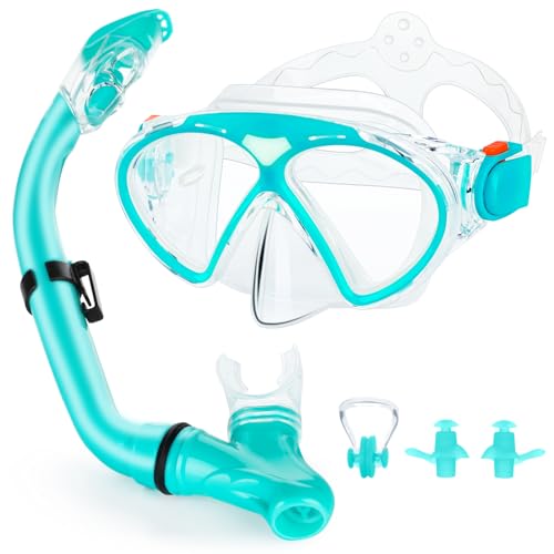 Schnorchelset für Kinder,Taucherbrille und Trocken Schnorchel,Taucherbrille Kinder mit Leichtes Atmen Dry Schnorchel, Panorama-Weitblick Tauchmaske Schnorchelmaske Tauchen Set (Aqua Green)