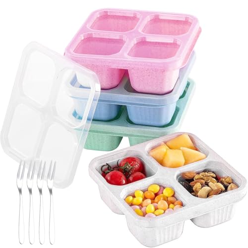 Snackbox mit Fächern, 4 Stück Snackboxen mit 4 Fächer, Snack-Behälter mit transparentem Deckel und Fruchtgabel Aus Edelstahl Wiederverwendbare Snack-Behälter für Schule Arbeit und Reisen 4 Farben