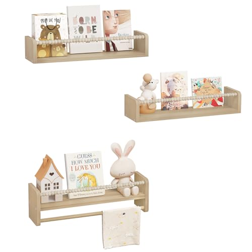 WOLTU 3er Set Kinder Bücherregal Wand, 50cm Wandregal Kinderzimmer, aus Massivholz, Hängeregal Schweberegal Kinderregal, Montessori Regal, für Bücher Spielzeug