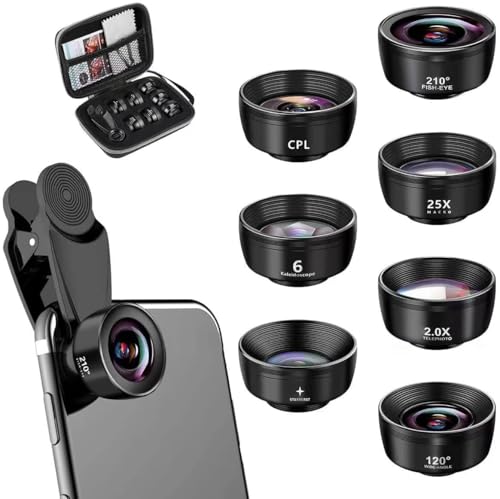 Textiluxe 7 in 1 Handy Objektiv Kit,Fischaugenobjektiv 210° Weitwinkel 120° Makroobjektiv (25x) Sternfilter Telephoto, Kaleidoscope,CPL/Star Filter für iPhone und die meisten Smartphones