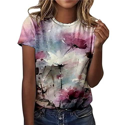 Damen T-Shirt Sommer aus Baumwolle | Elegantes Kurzarm-Top mit Grafikdruck | Lässiges Basic-Shirt für Teenager & Freizeit | Vintage-Stil Tunika in Uni-Farben