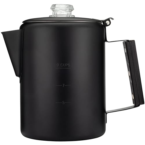 Coletti Bozeman Camping-Kaffeekanne – Schwarze Perkolator-Kaffeekanne – Reiner Edelstahl mit schwarzer Beschichtung – Camping-Kaffeemaschine – Spülmaschinenfest, Aluminiumfrei (9 Tassen)