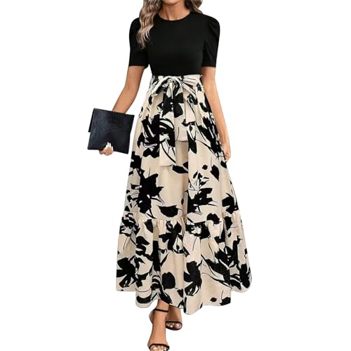 Sommerkleid Damen Lang A Linien Tunikakleid Hohe Taille Maxikleid Round-Ausschnitt Luftiges Partykleider Mit Taschen Langer Plissee Dress Freizeitkleid Elastischem Bund Beige L