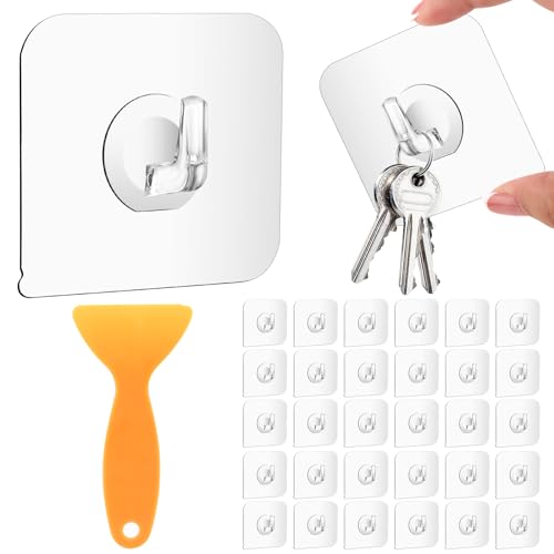 30 Stück Selbstklebende Haken, Transparente Haken, Klebehaken Transparent, Wasserdicht Haken, Magische Haken, Kein Bohren, Mehrzweck Klebe Haken, Wandhaken für Bad, Küche, Toilette, Wohnzimmer