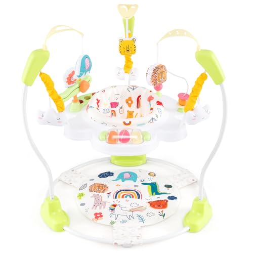 DREAMADE Stationäres Aktivitätscenter, Tierwelt-Jumperoo mit abnehmbarem Fußpolster, Spielcenter mit 360°-Drehsitz, 3 verstellbaren Höhen, Musiktablett & Spielzeugen für Babys ab 6 Monaten (Gelb)