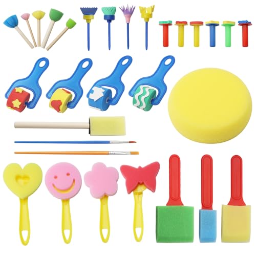 APOMOONS 30 Stück Malerei Schwamm Pinselset Kinder, Wiederverwendbar Schwamm Malerei Pinsel Set, Kinder Früherziehung Lernen Zeichnung Werkzeuge, Pinsel Kinder Schwammpinsel für DIY, Basteln, Malen