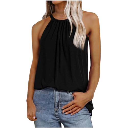 Damen-Sommer-Tank-Top, Damen-Top, Faltenrock, Neckholder, ärmellos, T-Shirts, Kordelzug, einfarbig, Cami-Weste, entspannte Blusen, Lounge-Weste, Tops, zum Ausgehen, Tunika-Tops, Schwarz , L