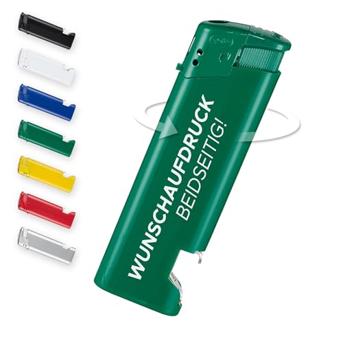 #teamludorf 100 Stück grüne Feuerzeuge mit Flaschenöffner - Nachfüllbar, personalisiert mit eigenem Logo oder Foto - Perfekt für Outdoor, Messen, Promotion & als Werbegeschenke