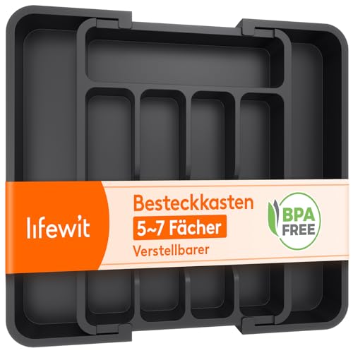 Lifewit Kleiner Besteckkasten für Schubladen, Verstellbarer Besteckeinsatz Breite von 23 auf 37 cm, Kunststoff Besteckhalter, Schubladeneinsatz Tiefe 31 cm, Küchen Organizer für Löffel/Gabeln, Schwarz