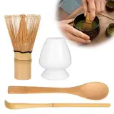 Zanfqvo 4-Teiliges Matcha Besen Set - Matcha Tee Set mit Matcha Whisk, Matcha Besen Halter aus Keramik, 2 Matcha Löffel - Japanisches Zubehör für Ceremonial Match (Weiß)