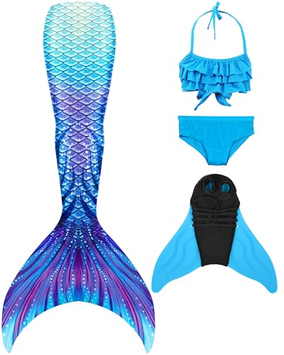 DNFUN Meerjungfrauenflosse Mädchen mit Monoflosse Meerjungfrauenschwanz Schwimmen Mermaid Tail Badeanzug mit Kinder Meerjungfrau Flosse