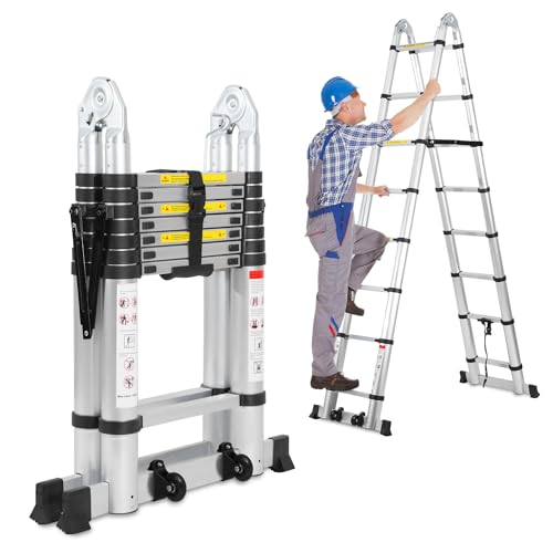 Jiubiaz Teleskopleiter 5M (2.5M+2.5M), Leiter Aluminium Ausziehbare mit Abnehmbarem Rollen und Stabilisatoren, Tragbar A-Rahmen Mehrzweckleiter, Max Belastung 150 kg(Silber)