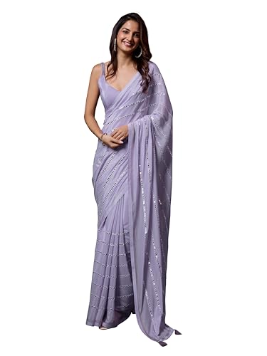 TRENDMALLS Damen Seide Echt Spiegel Arbeit Stickerei Sari, Violett, 5.5 Mtr