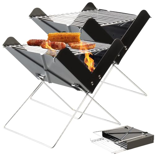Rosenstein & Söhne Klapp-Grill: 2er-Set Klappbarer Kohle-Grill mit Rost und Kohleschale, 29x25x29 cm (Picknick, zum zusammenklappen, Schaschlik)