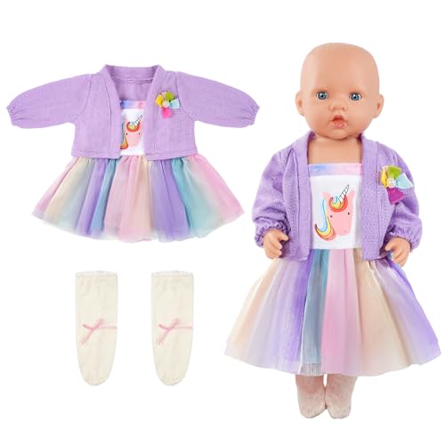 Aolso Puppenkleidungsset, 14–18 Zoll Puppenkleidung, Puppenzubehör passend für 35–45 cm, Babypuppenkleidung mit 1 Kleiderbügel, Geburtstagsgeschenk für Mädchen (Einhornkleid)
