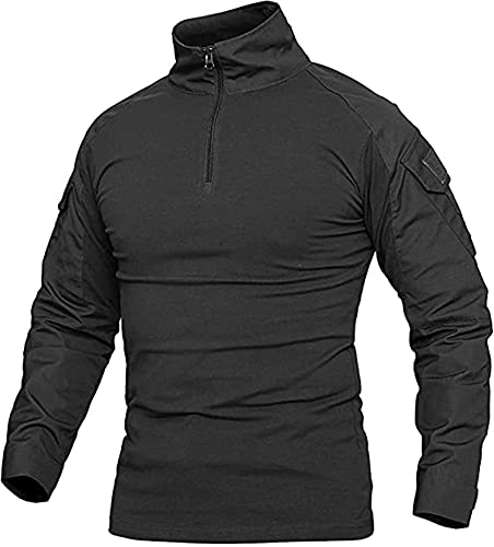 Uugood Combat Shirt Flecktarn Tactical Shirt Herren Hemd Slim Fit Langarm Camouflage Shirt Paintball Airsoft Army Military Hemd Bundeswehr T-Shirt Militär Uniform, Schwarz, L