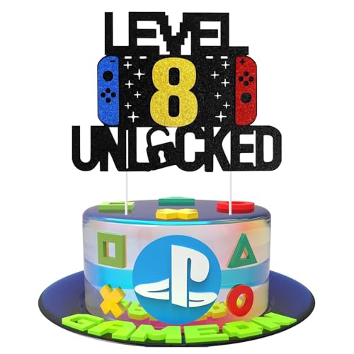 Videospiel Tortendeko Geburtstag,8th Party Videospiel Cupcake Topper, Playstation Tortendeko,Gaming Kuchen Deko, Glitzer Gamer Thema Torten Deko, für 8th Kindergeburtstag Party