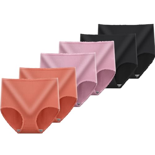 6er Pack Unterhosen Damen Unterwäsche Frauen Hohe Taille Slips Atmungsaktiv Panties Weich Unterhose Damen Einfarbig Schlüpfer Bequem Underwear Angebote Schwarz + Knalliges Pink + Orange M