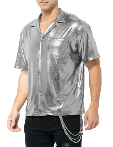 Casey Kevin Herren Glitzer Hemd Metallic Glänzend Nachtklub Party Pailletten Kleid Shirts Nachtclub-Stil Top Freizeithemd 70s Disco Party Kostüm
