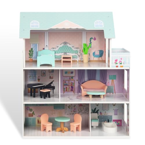 WOODENFUN Puppenhaus Möbelset Dekorieren Sie EIN Spielzeughaus aus Holz 12 Stück Puppenhaus Möbel Holz Set 3-stöckiges Miniatur Haus für Kinder Traumhaus Puppenvilla