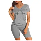 Zweiteilige Damen-Outfits für Damen, kurzärmeliges Shorts-Set mit V-Ausschnitt Kleidung Hausanzug Damen Sommer Hausanzug Damen Elegant Damen Jogginganzug Damen Sportanzug Damen Schlafanzug (Grey, L)