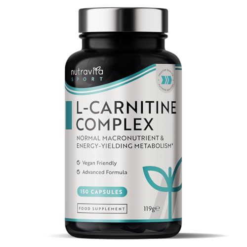 L-Carnitin-Komplex - Hochwirksame Kapseln mit zusätzlichem Riboflavin, Biotin, Chrom, Vitamin D, B3 & B6 - Makronährstoff- & Energielieferant für den Stoffwechsel - 150 vegane Kapseln - Nutravita