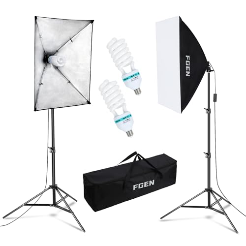 Softbox Fotostudio Set,FGen Fotolicht 2x50x70cm Beleuchtung für Fotostudios mit E27 Sockel 135W 5500K Fotolampe und 2M verstellbare Lichtstative für Studio-Porträts, Produktfotografie
