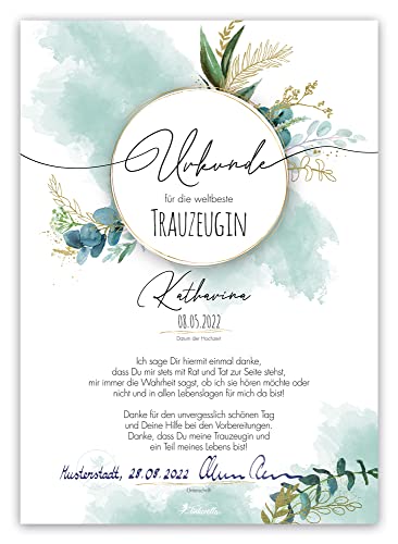 Trauzeugin-Urkunde von Tinkerella® – Urkunde für die Trauzeugin - die perfekte kleine Geschenkidee, besondere Aufmerksamkeit für deine Trauzeugin (Blue)