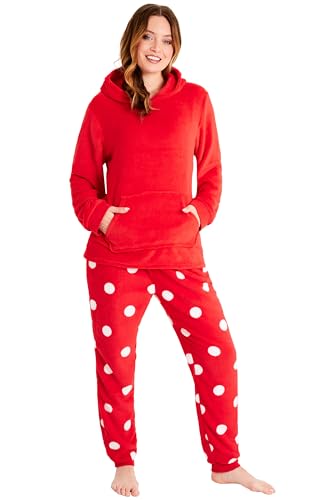 CityComfort Schlafanzug Damen Lang mit Kapuze, Pyjama Damen Set aus Flauschigem Fleece, Geschenke für Frauen & Teenager (Rot, M)