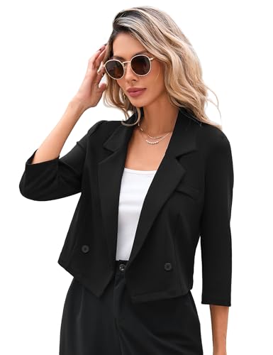 KOJOOIN Blazer Damen Leicht Cropped Business Blazerjacke Casual Offene Blazer 3/4 Ärmel kurz Arbeit Büro Jacke Schwarz L