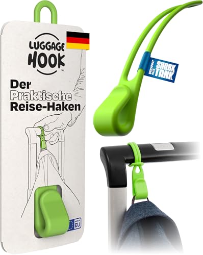 Luggage Hook Das Originale Reise Gadget hält Jacken und Taschen bis zu 8 kg, Travel Essential für Vielflieger, Business Travel Gadget, Urlaub Must Have, Koffer Haken einhändig bedienbar (Grün)