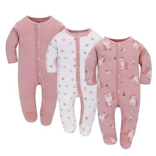 3PCS Baby Schlafstrampler Babychlafanzug Babyschlafsack Baumwolle mit Füßen mit knöpfen Gr. 56 62 68 für Junge Mädchen Neugborenen (Rosa, 62)